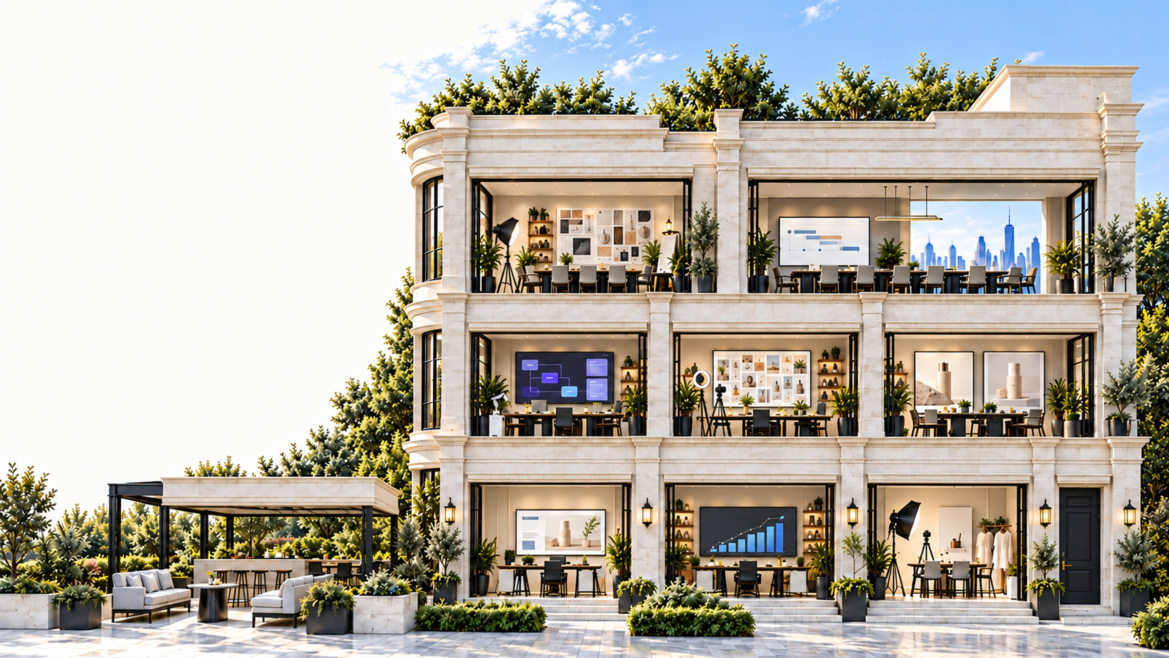 A three-floor white limestone house: Brand Strategy and Fractional CMO above AI, Social and Paid studios; Website, SEO and Photoshoots below, beside the black More door and a garden lounge and bar.