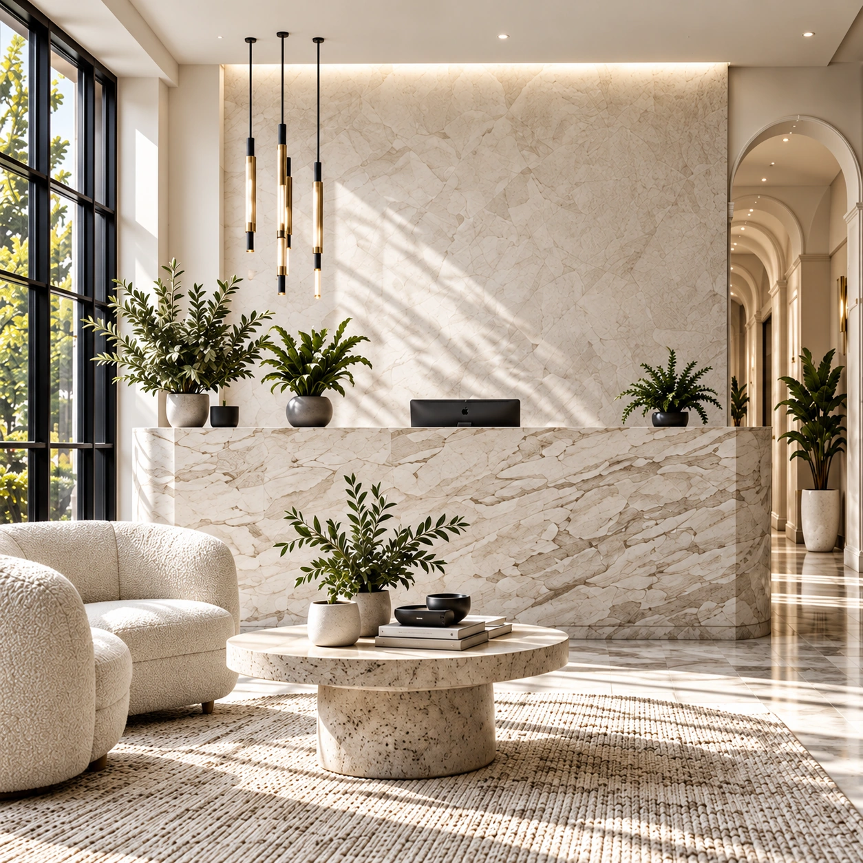 A sunlit marble reception with brass pendants, textured cream seating, a stone table and an arched corridor.